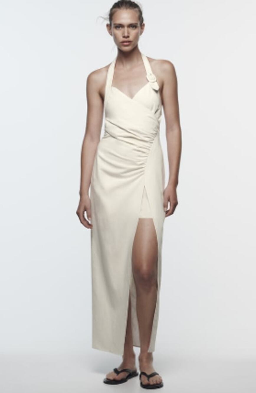 Zara Cream Beige Draped Halter Midi Dress Linen Blend Size Medium